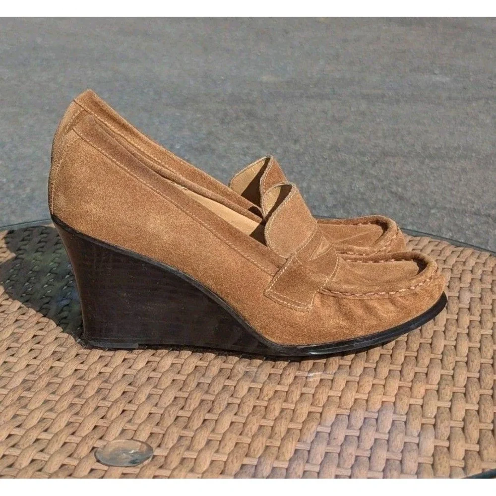 y2k dark academia leather wedge penny lane vintage Bass tassle heels 7.5M Enza‎